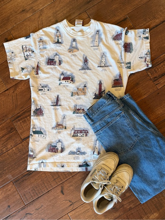 Art Unlimited Tops - Vintage 90s Art Unlimited Great Lakes Lighthouse AOP Tee XL USA Nautical Beach
